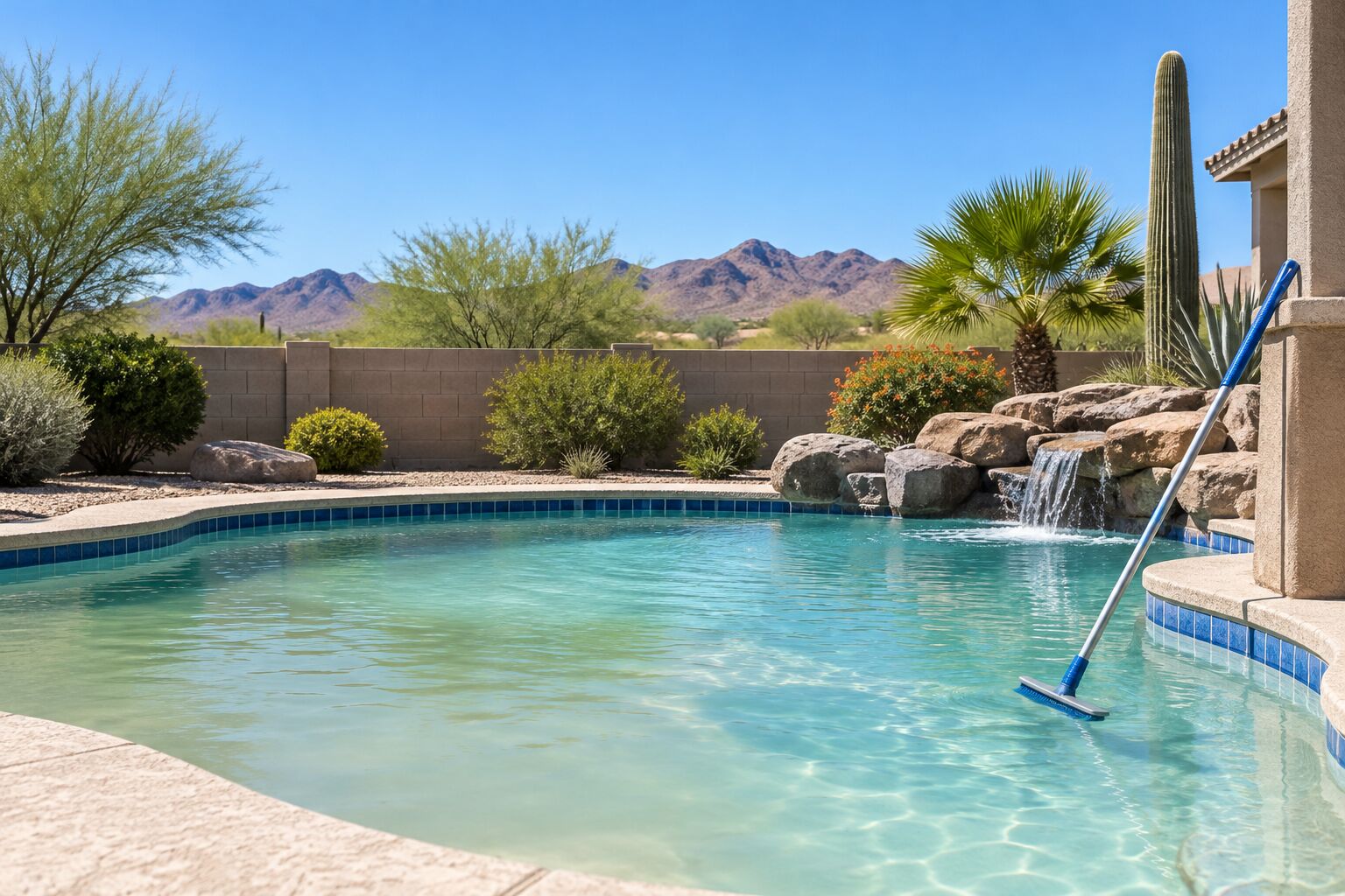 A backyard pool clearing from green to blue during an algae cleanup