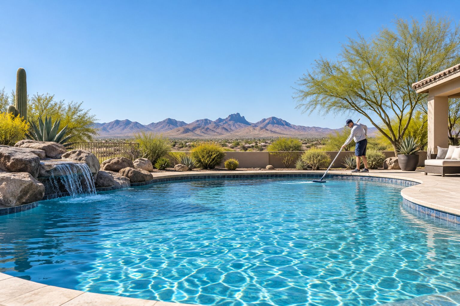 A technician vacuuming a clear blue backyard pool in the desert